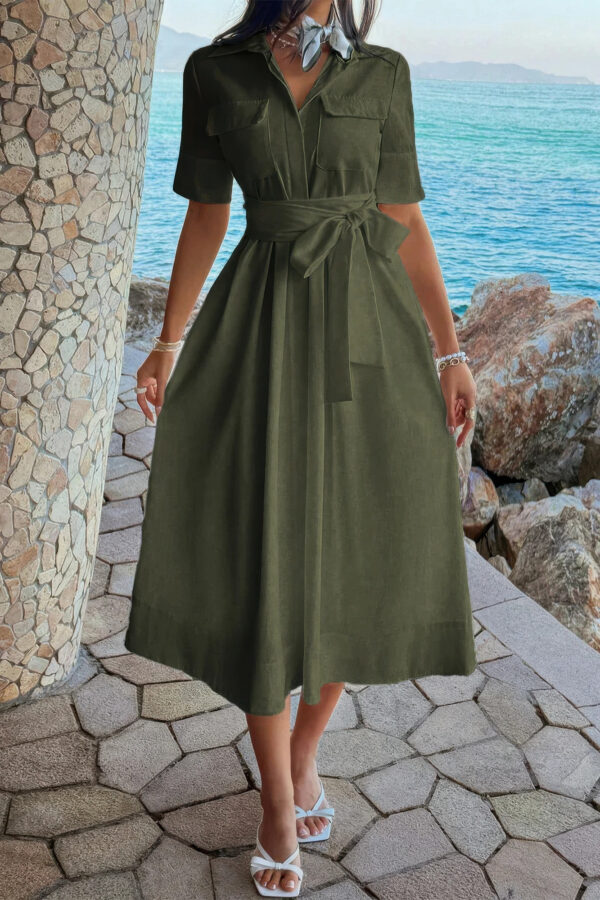 Turn-Down Collar A-Line Dress with Side Pockets