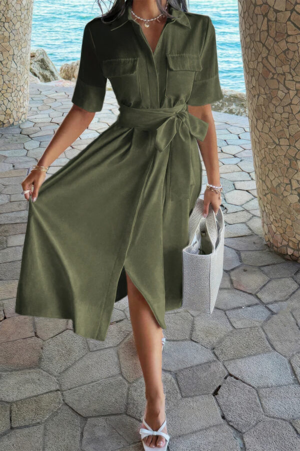 Turn-Down Collar A-Line Dress with Side Pockets