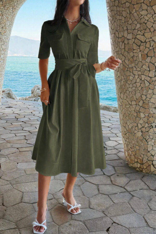Turn-Down Collar A-Line Dress with Side Pockets