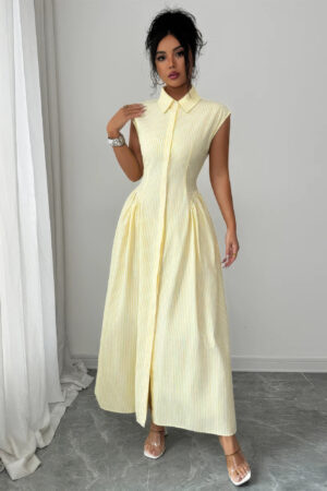 Collared Long Dress with Front Slit & Ruched Waist