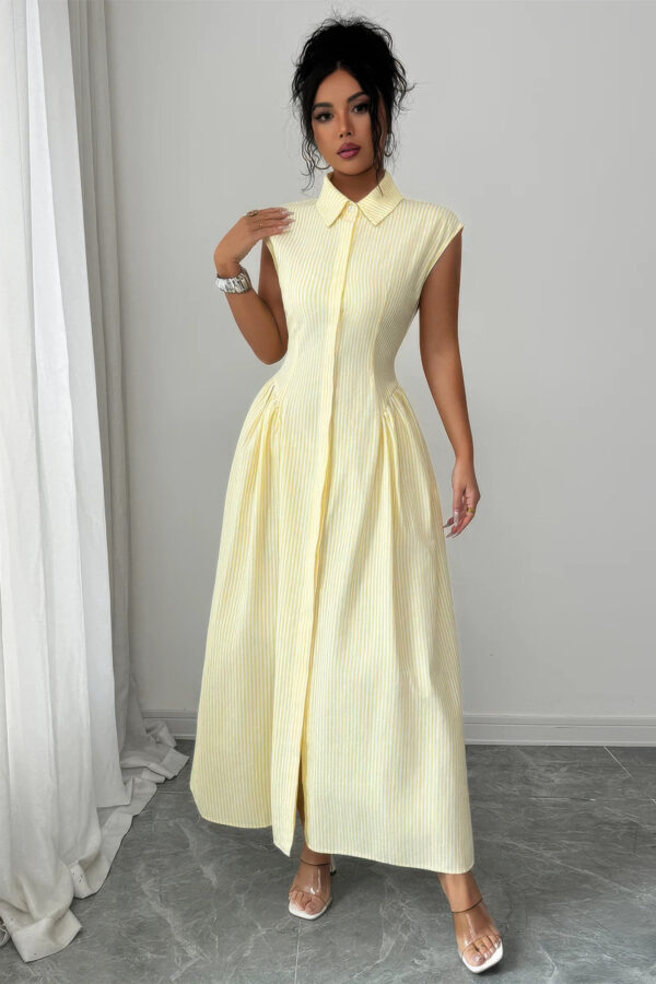 Collared Long Dress with Front Slit & Ruched Waist