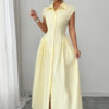 Collared Long Dress with Front Slit & Ruched Waist