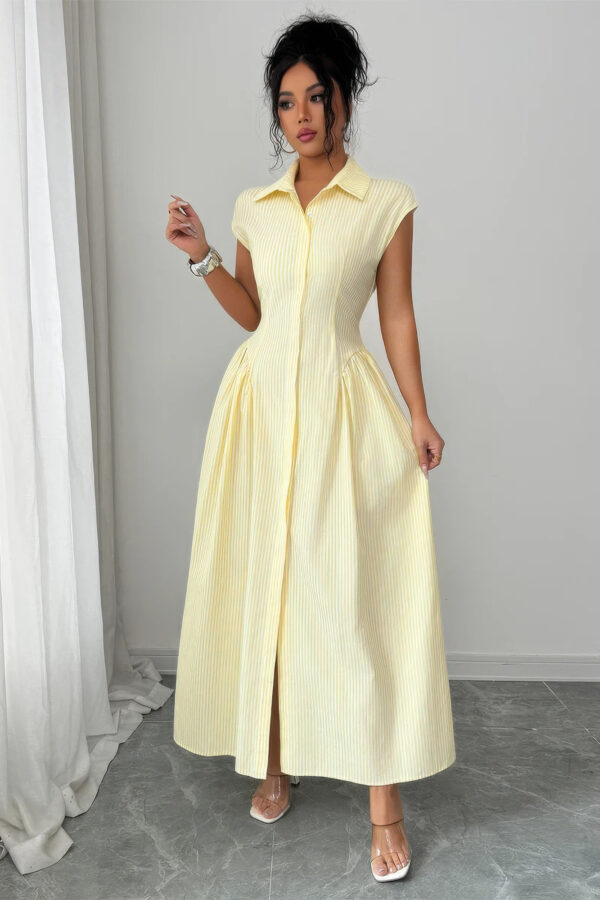 Collared Long Dress with Front Slit & Ruched Waist