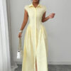 Collared Long Dress with Front Slit & Ruched Waist