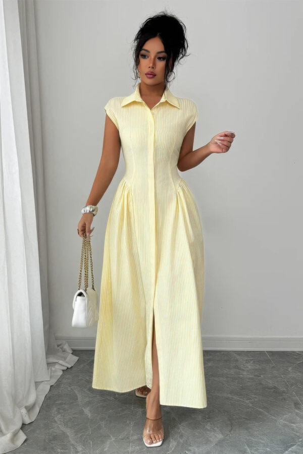 Collared Long Dress with Front Slit & Ruched Waist