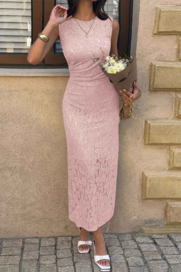 Lace Midi Dress with Ruched Waist - Cocktail Ready