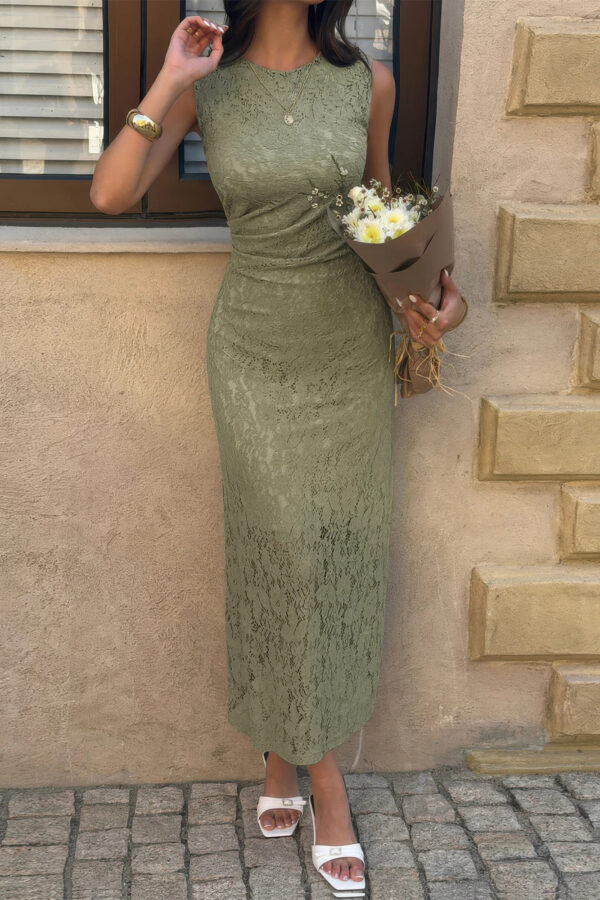 Lace Midi Dress with Ruched Waist - Cocktail Ready