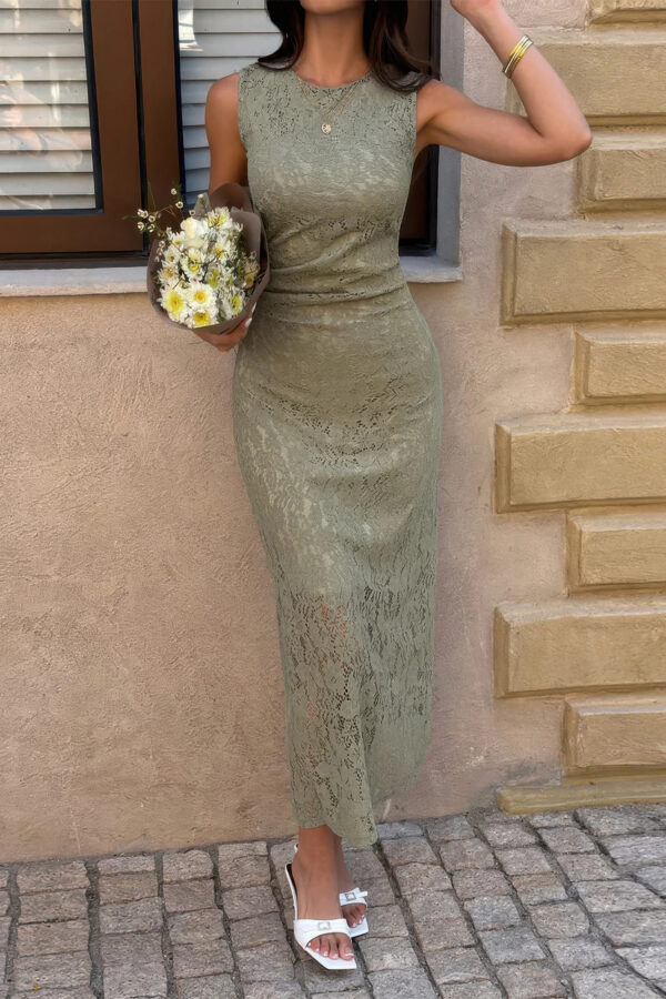 Lace Midi Dress with Ruched Waist - Cocktail Ready