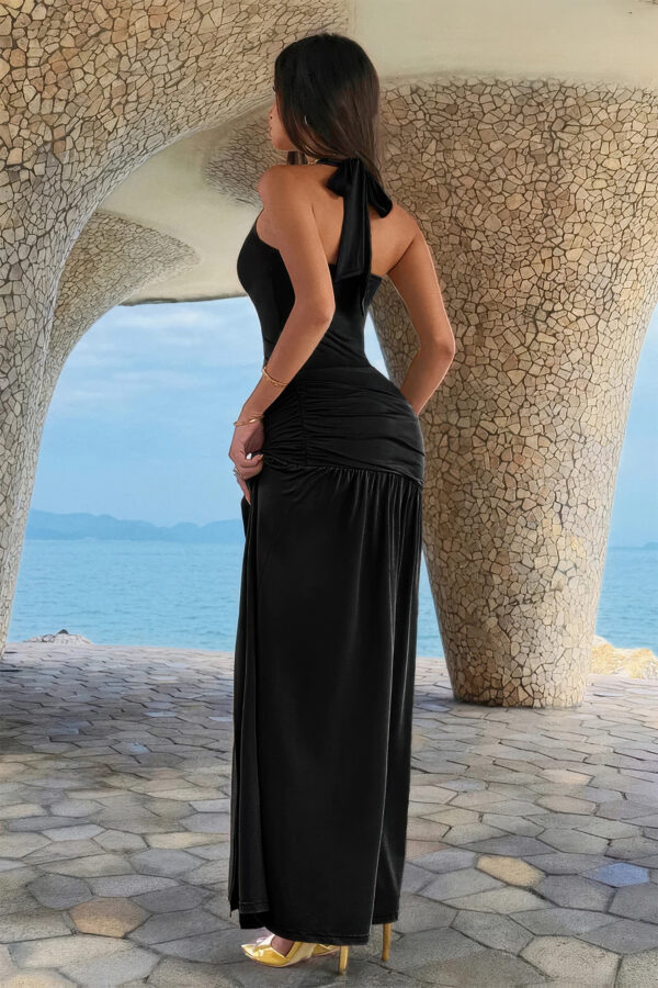 Halter Pleated Maxi Dress with High Side Slit