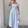 Square-Neck Puff Sleeve Backless Striped Dress