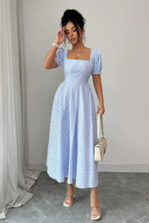 Square-Neck Puff Sleeve Backless Striped Dress