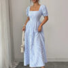 Square-Neck Puff Sleeve Backless Striped Dress