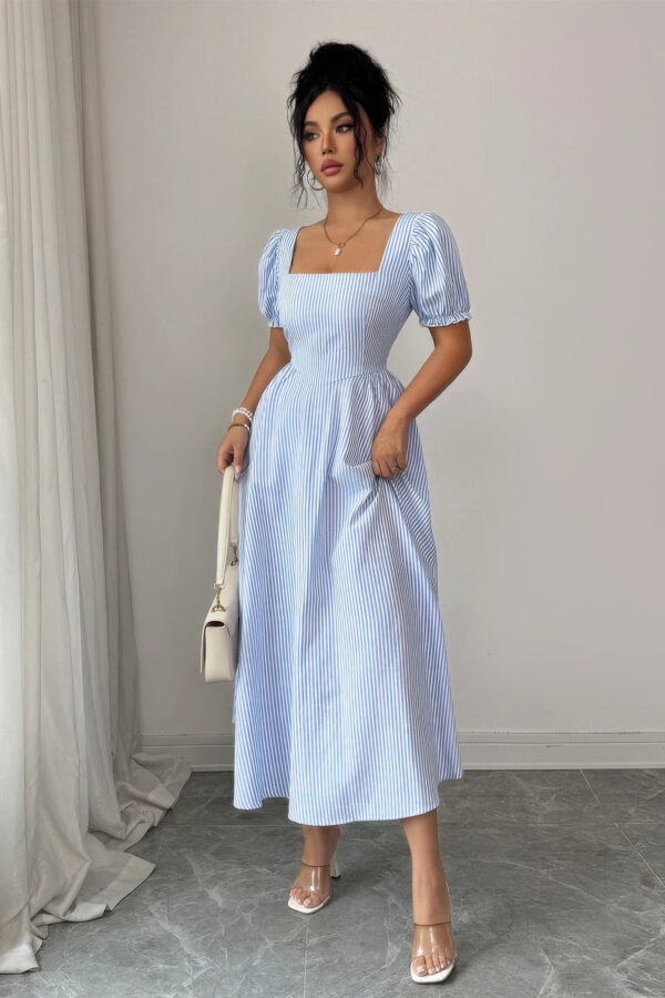 Square-Neck Puff Sleeve Backless Striped Dress