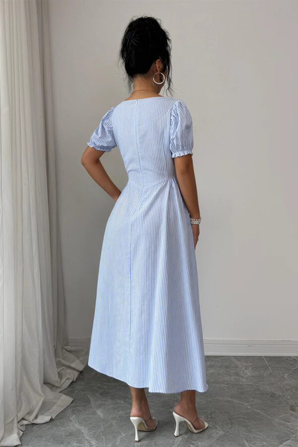Square-Neck Puff Sleeve Backless Striped Dress