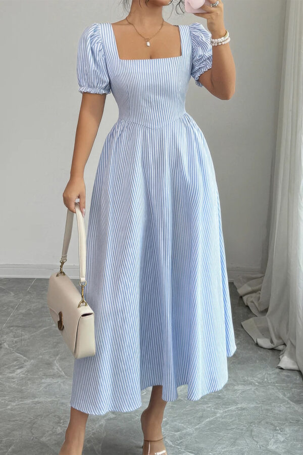 Square-Neck Puff Sleeve Backless Striped Dress