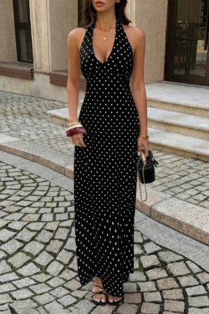 Polka Dot Halter Bodycon Maxi Dress – Sleeveless