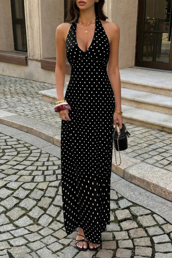 Polka Dot Halter Bodycon Maxi Dress - Sleeveless