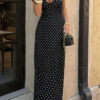Polka Dot Halter Bodycon Maxi Dress - Sleeveless