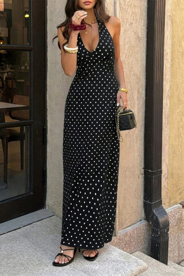 Polka Dot Halter Bodycon Maxi Dress - Sleeveless
