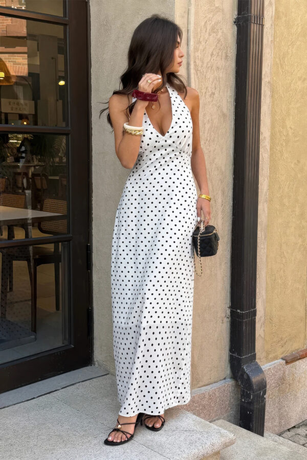 Polka Dot Halter Bodycon Maxi Dress - Sleeveless