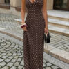 Polka Dot Halter Bodycon Maxi Dress - Sleeveless