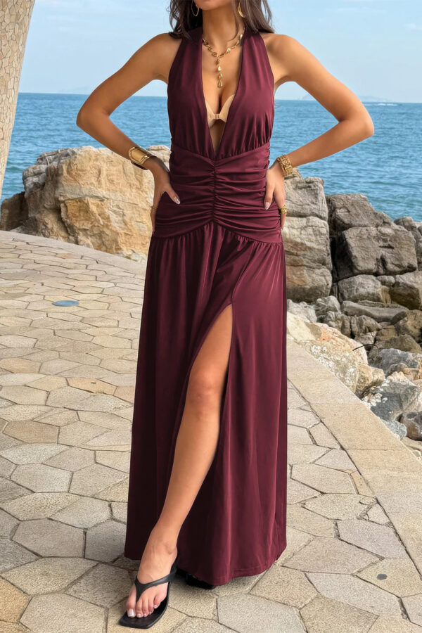 Halter Deep V Maxi Dress with High Side Slit