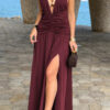 Halter Deep V Maxi Dress with High Side Slit