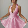 Halter V-Neck Embroidered Dress with Cross-Back Knot