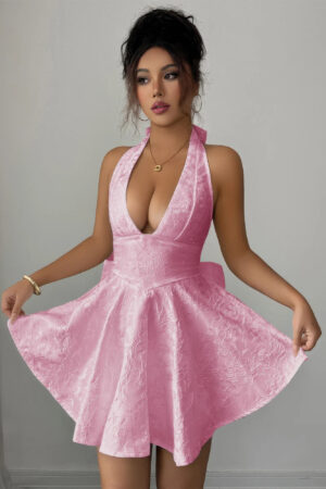 Halter V-Neck Embroidered Dress with Cross-Back Knot