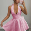 Halter V-Neck Embroidered Dress with Cross-Back Knot