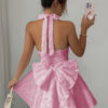 Halter V-Neck Embroidered Dress with Cross-Back Knot