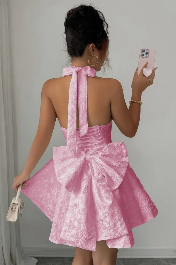 Halter V-Neck Embroidered Dress with Cross-Back Knot