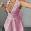 Halter V-Neck Embroidered Dress with Cross-Back Knot