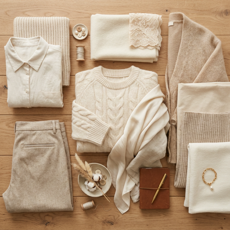 Folded beige and cream sweater, shirt, pants, scarves, and accessories laid out on wooden surface