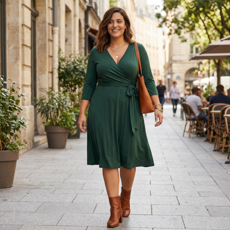 Woman walking on city sidewalk wearing a green wrap dress with three-quarter sleeves and brown ankle boots, carrying a brown handbag