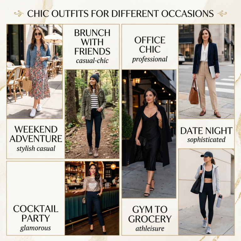 Six women showcasing chic outfits for weekend adventure, brunch, cocktail party, gym to grocery, office chic, and date night.