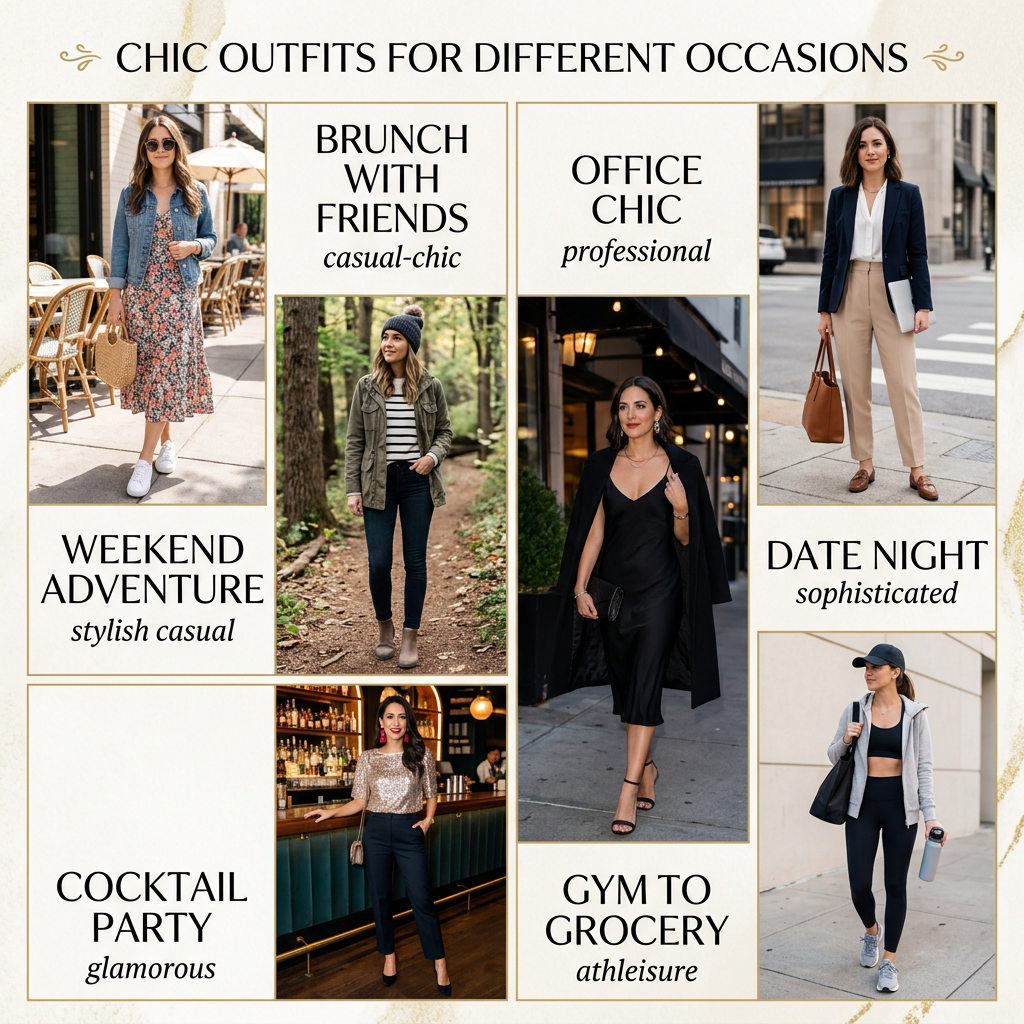 Six women showcasing chic outfits for weekend adventure, brunch, cocktail party, gym to grocery, office chic, and date night.