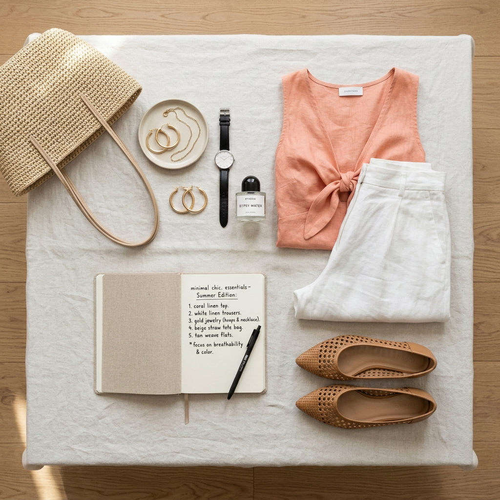 Coral linen top, white linen trousers, beige straw tote bag, woven tan flats, gold hoop earrings, watch, perfume, and a notebook with summer essentials list.