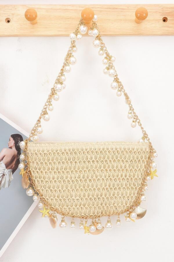 Woven Pearl-Chain Shoulder Bag with Nautical Charms