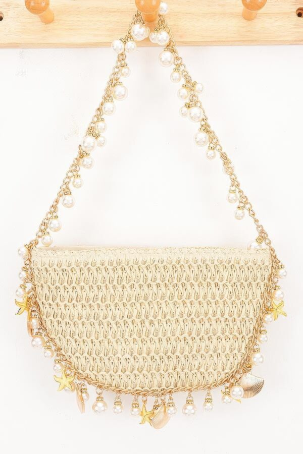 Woven Pearl-Chain Shoulder Bag with Nautical Charms