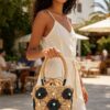 Faux-Straw Barrel Clutch with Pearl-Center Flower