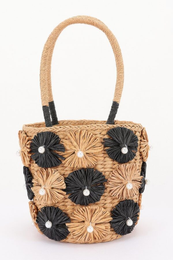Faux-Straw Barrel Clutch with Pearl-Center Flower