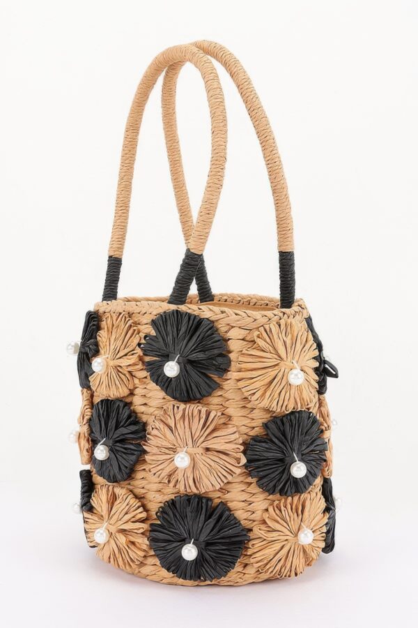 Faux-Straw Barrel Clutch with Pearl-Center Flower
