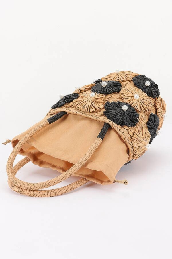 Faux-Straw Barrel Clutch with Pearl-Center Flower