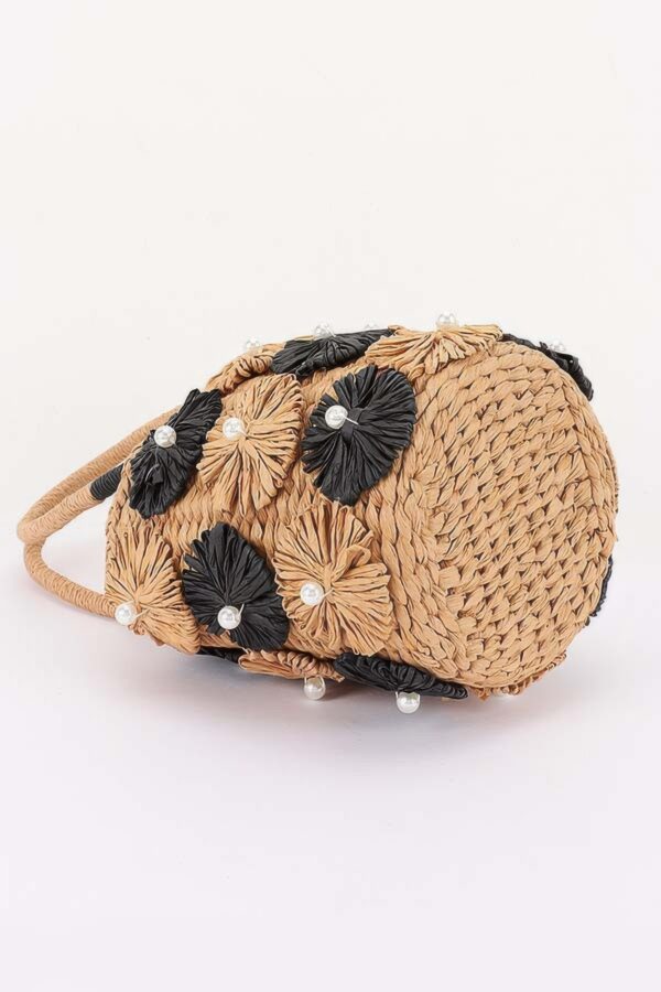 Faux-Straw Barrel Clutch with Pearl-Center Flower