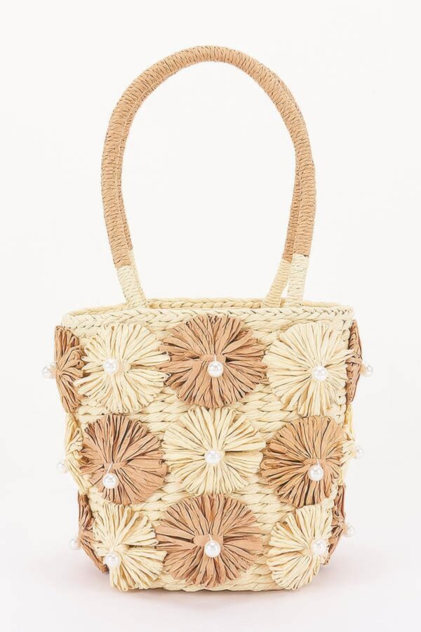 Faux-Straw Barrel Clutch with Pearl-Center Flower