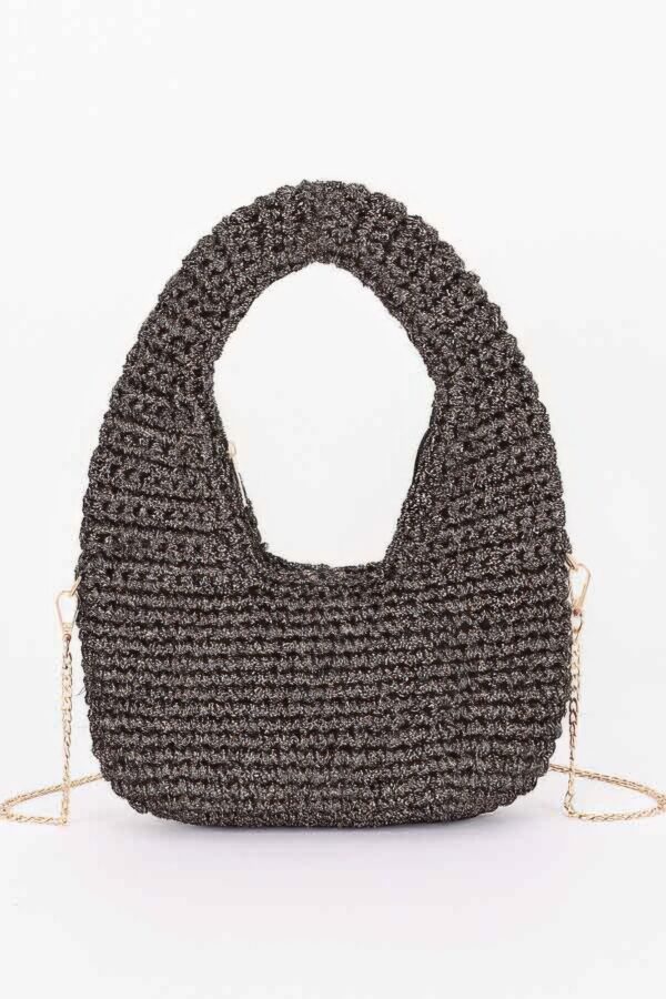Crochet Woven Hobo Bag - Natural Straw & Chain