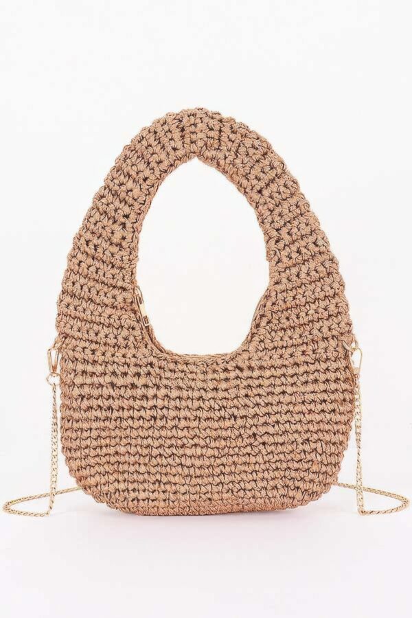 Crochet Woven Hobo Bag - Natural Straw & Chain