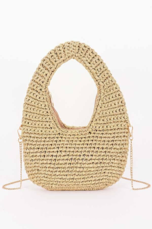 Crochet Woven Hobo Bag - Natural Straw & Chain