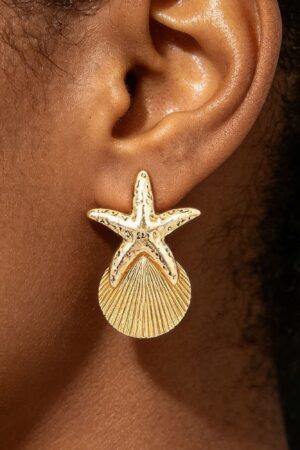 Starfish & Shell Drop Earrings - Textured Metal Motif